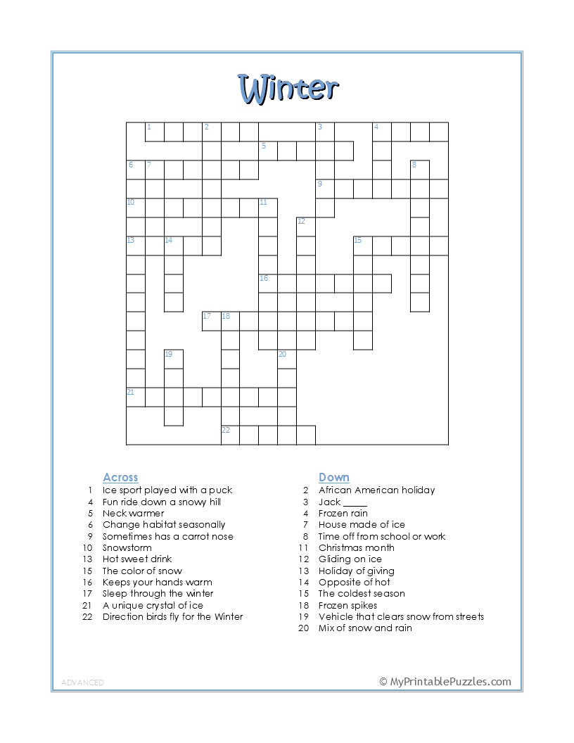 winter crossword puzzle - advanced | my printable puzzles